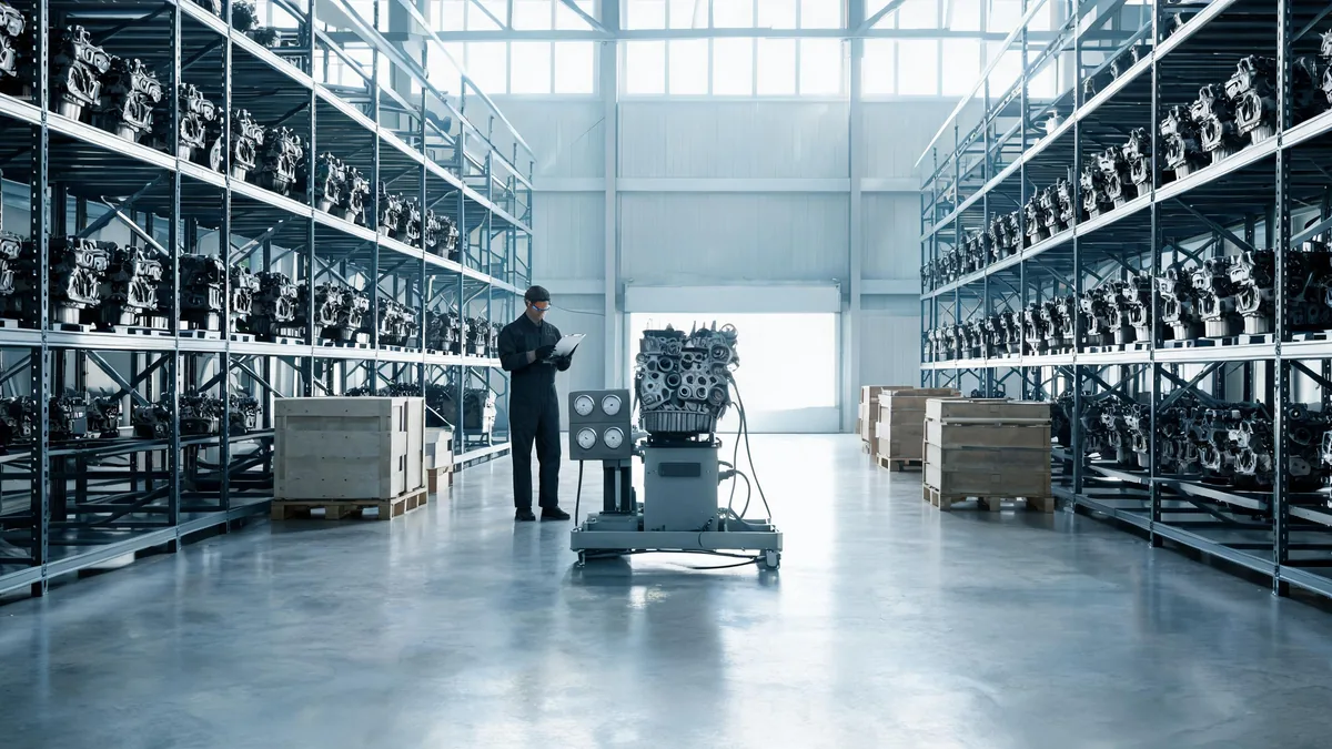 Warehouse of compression-tested used engines with a technician inspecting a unit on a test stand