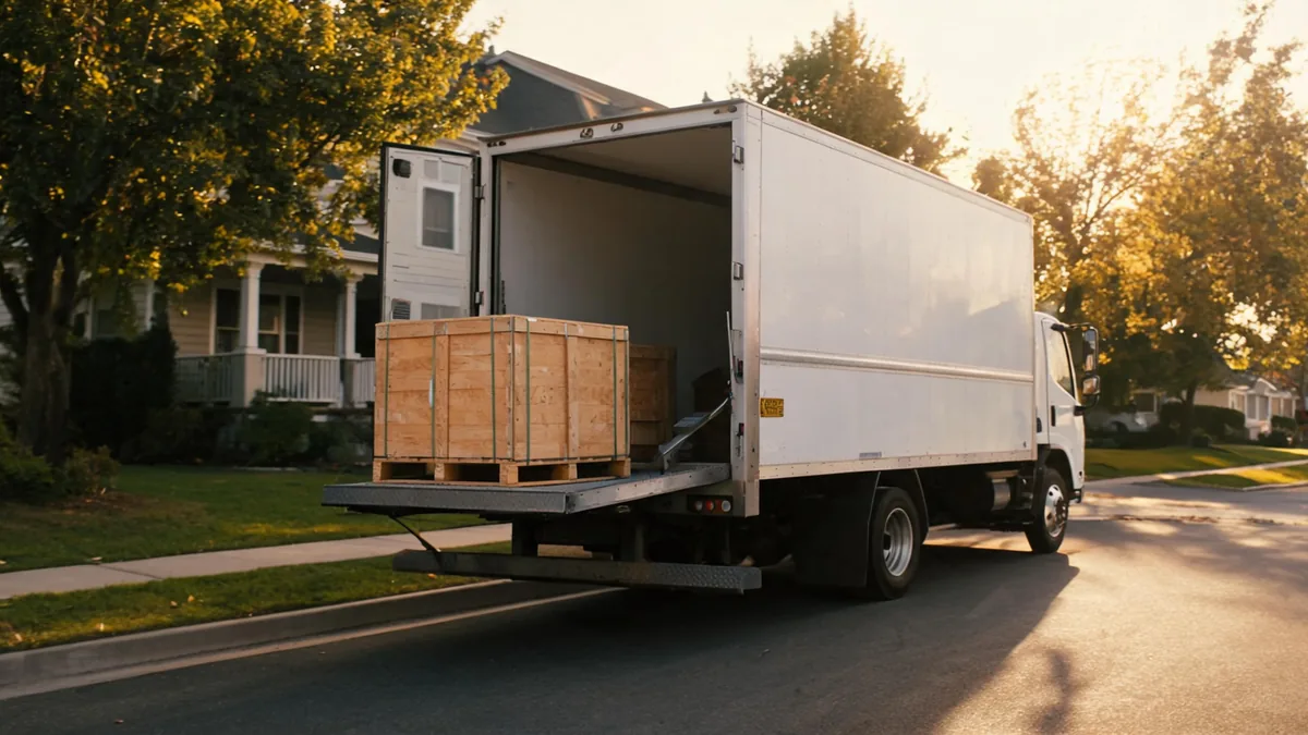 Freight truck lowering a crated engine onto a residential driveway via hydraulic liftgate