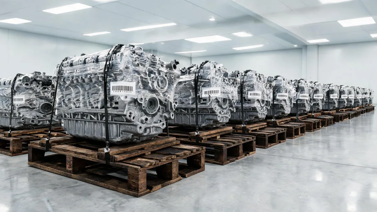 Shrink-wrapped engine long blocks strapped to pallets inside the A2Z fulfillment facility