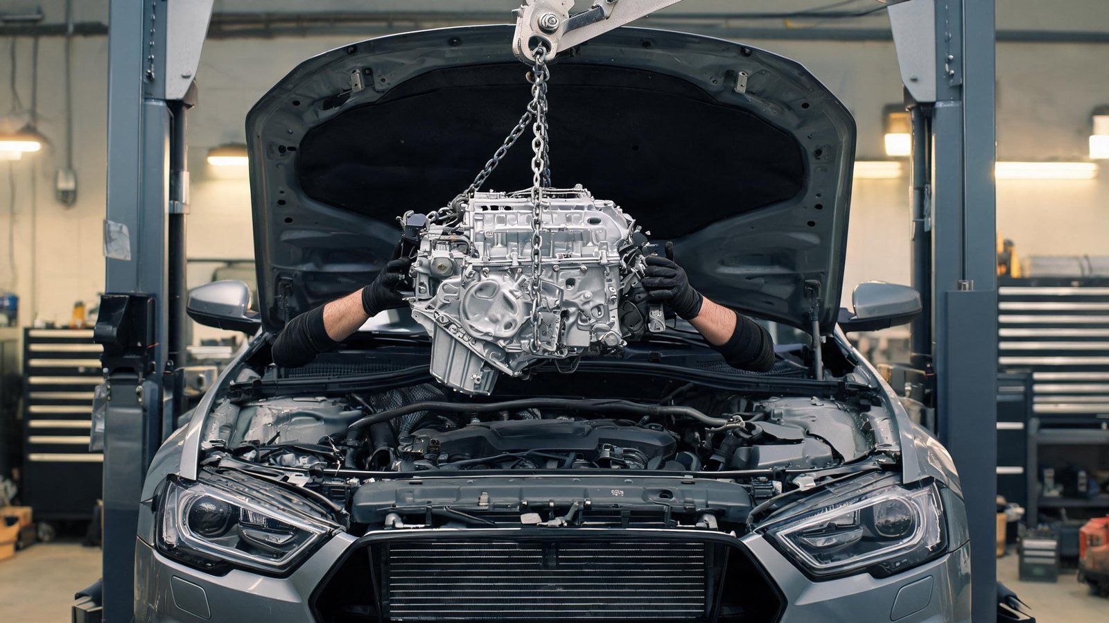 Engine hoist with a chain lowering an aluminum replacement engine toward the open engine bay of a car raised on a two-post lift, two technicians' gloved hands guiding the engine, workshop with tool chests blurred in the background
