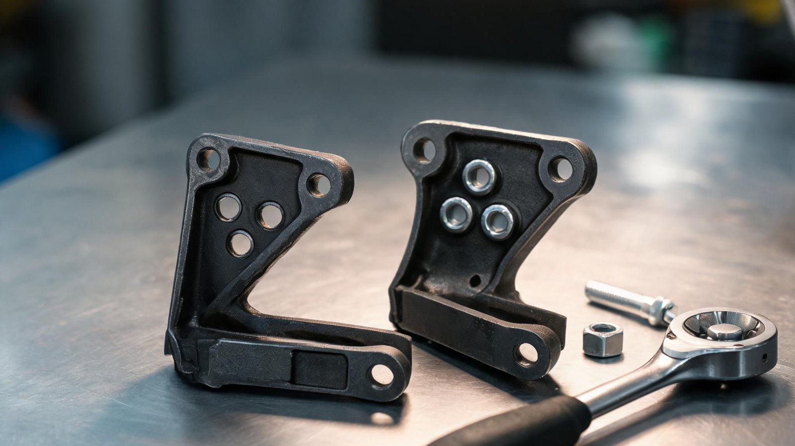 Two different engine mount brackets lying side by side on a steel workbench under a task light, visibly different bolt patterns and shapes, a bolt and a ratchet beside them, shallow depth of field