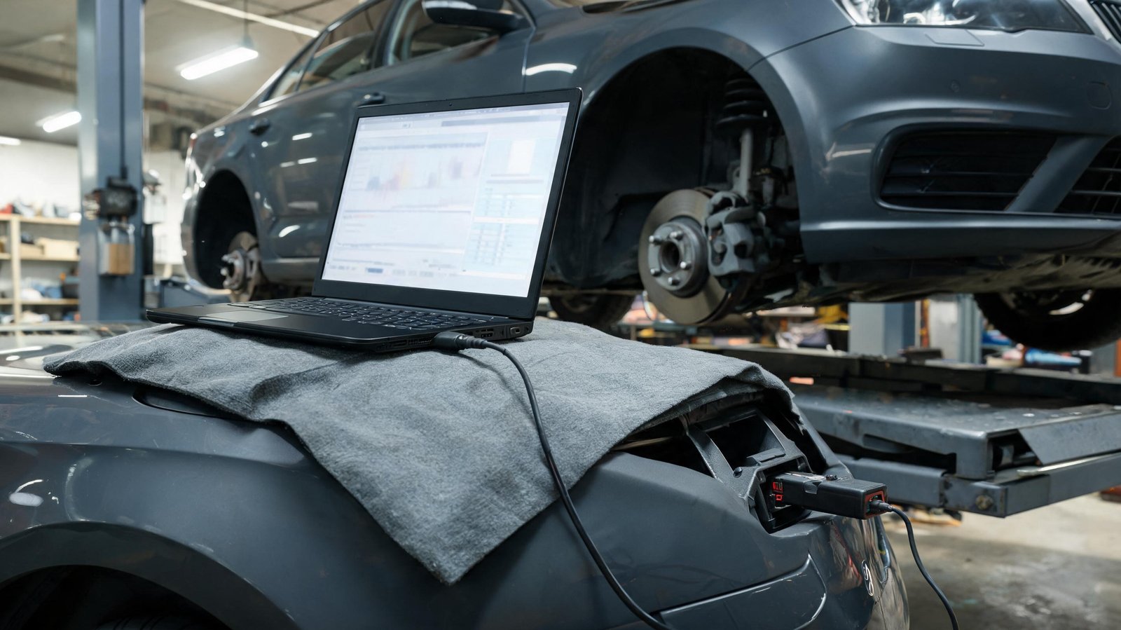 Laptop resting on a protective fender cover connected by a cable to a car's diagnostic port, screen showing a softly blurred graph, the car raised on a workshop lift with wheels removed in the background