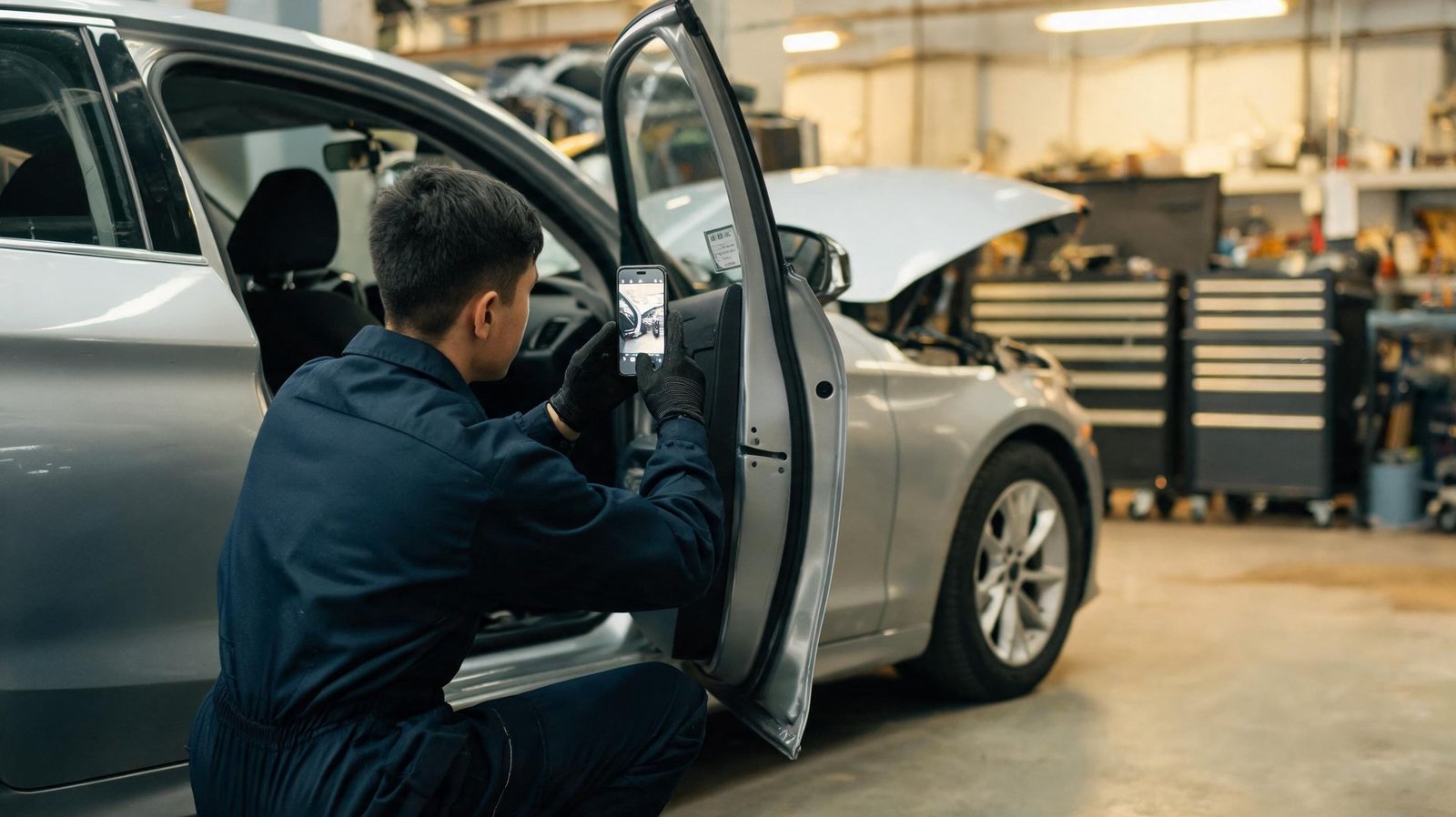 Technician in a navy work suit kneeling at an open car door, photographing the door-jamb compliance label with a smartphone while the hood stands open over the engine bay