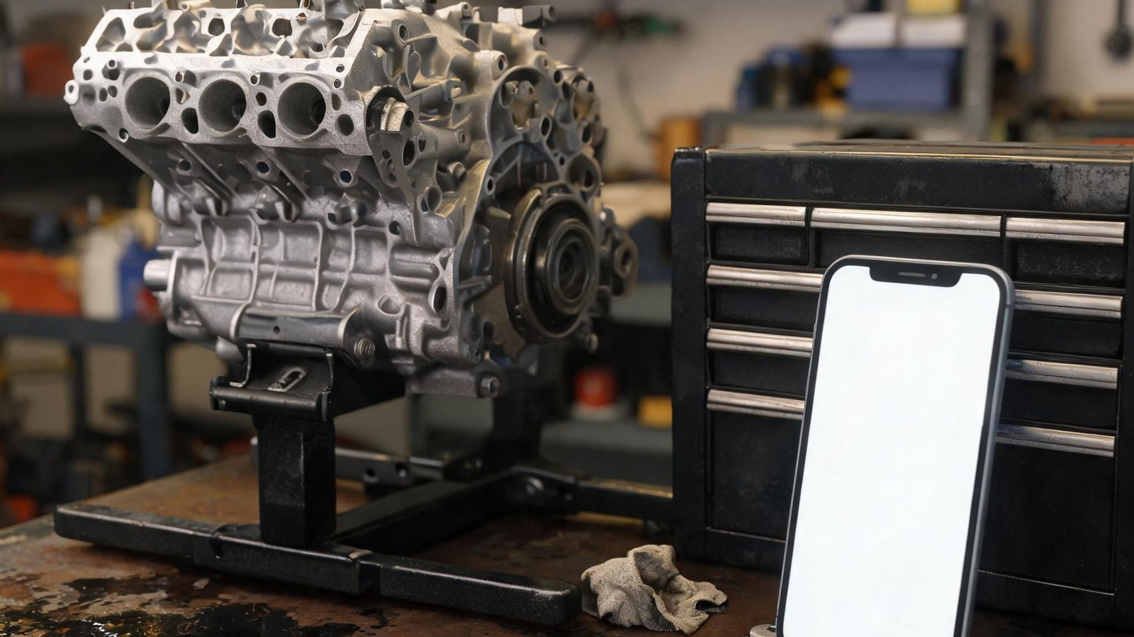 Aluminum engine block mounted on a steel engine stand on a workbench beside a smartphone resting against a black tool chest, workshop background softly blurred