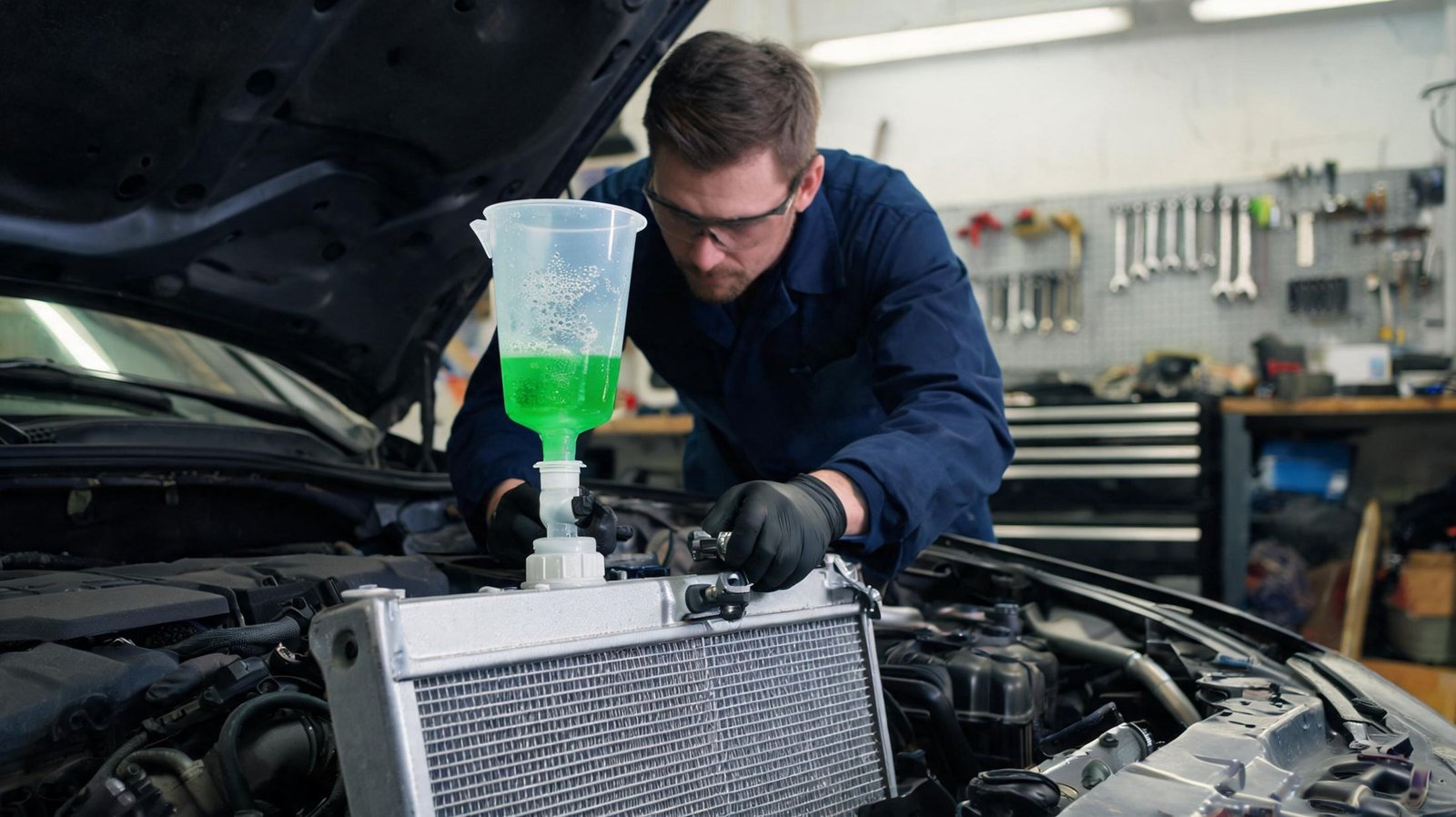 Technician bleeding air from a cooling system with a funnel kit after an engine replacement