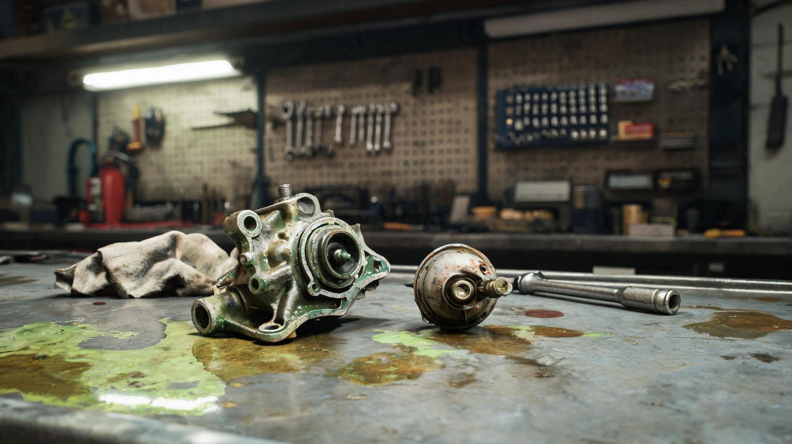 Used thermostat and water pump removed from an engine during post-replacement cooling checks