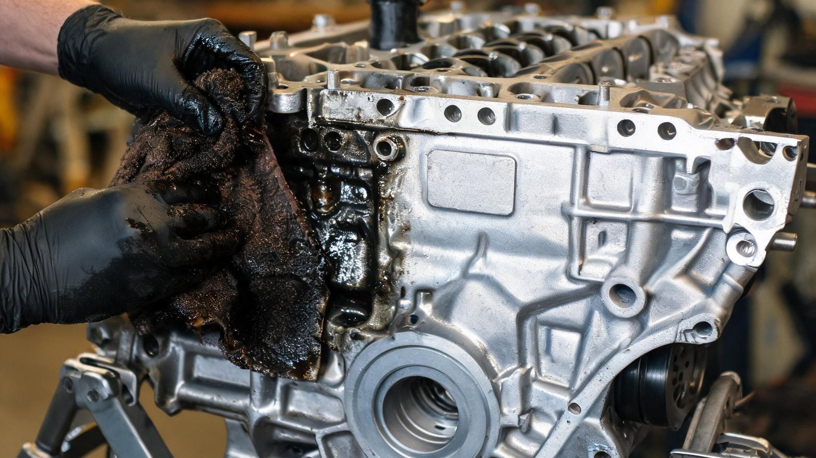 Technician in black gloves wiping oil grime from an aluminum engine block to reveal the flat machined identification pad where the engine code is stamped