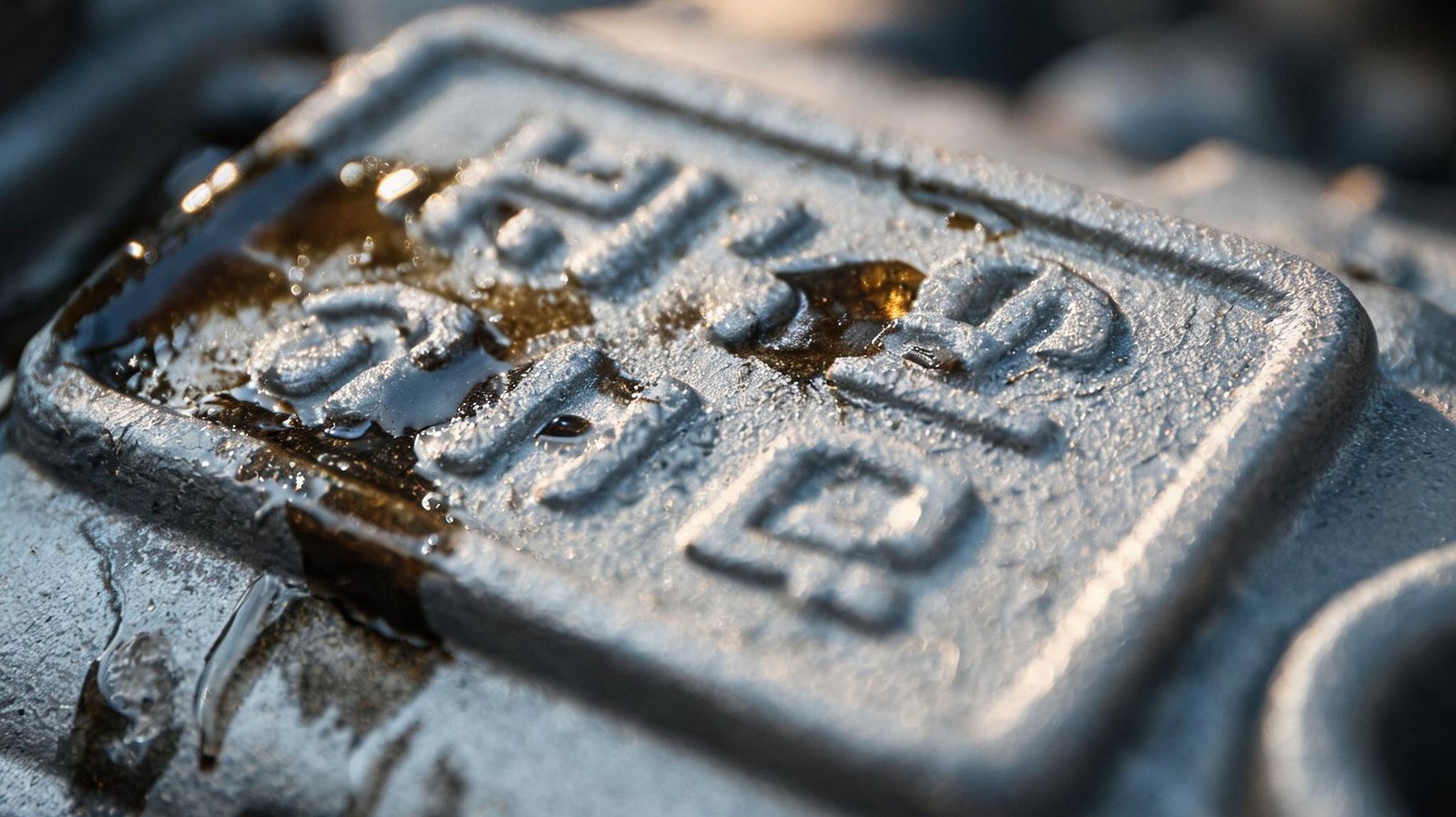 Macro view of stamped alphanumeric engine code characters on a cast aluminum block pad with oil residue, letters softly blurred