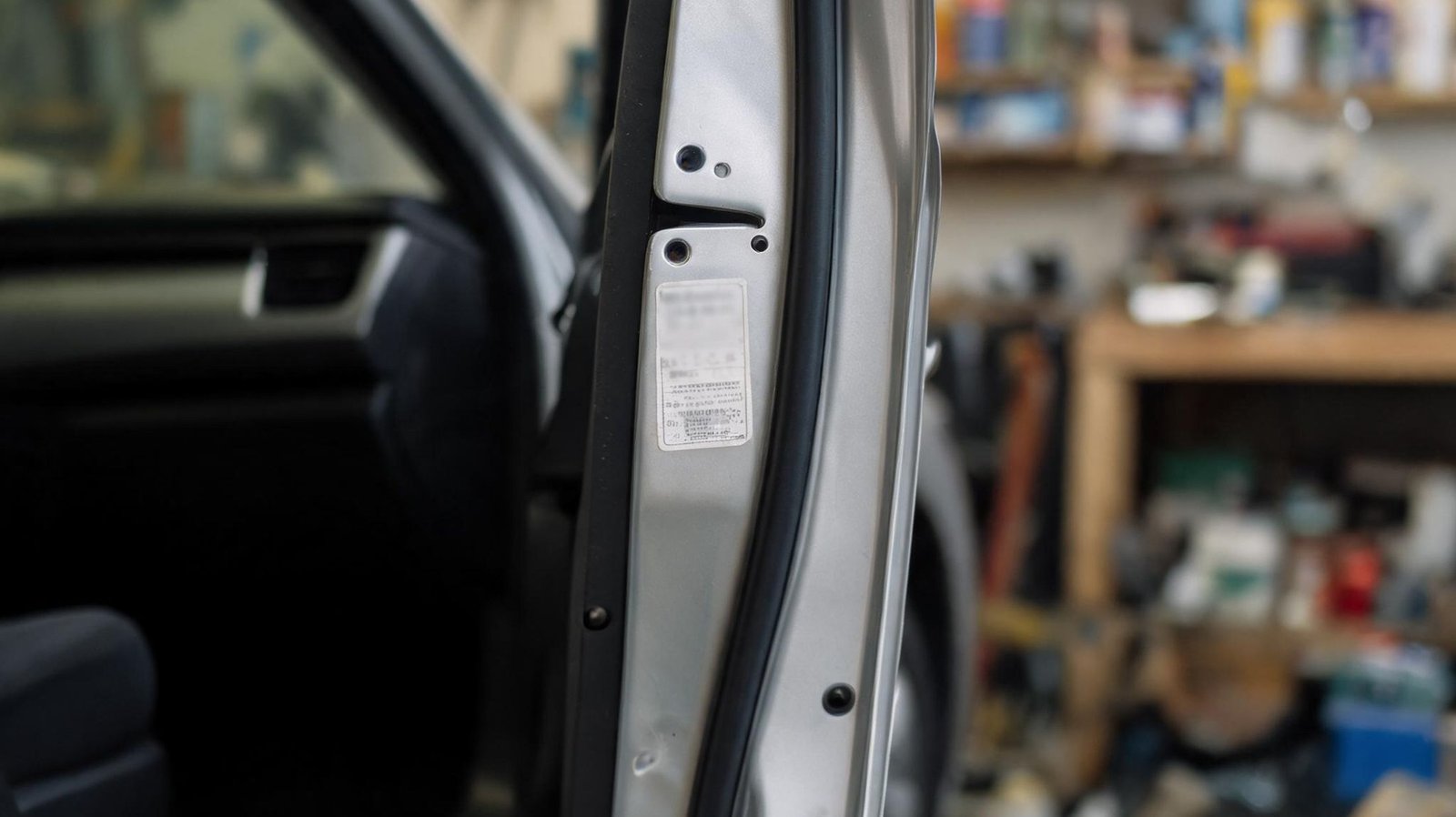 Car with the driver door open showing the VIN compliance label on the door jamb, workshop shelving blurred in the background