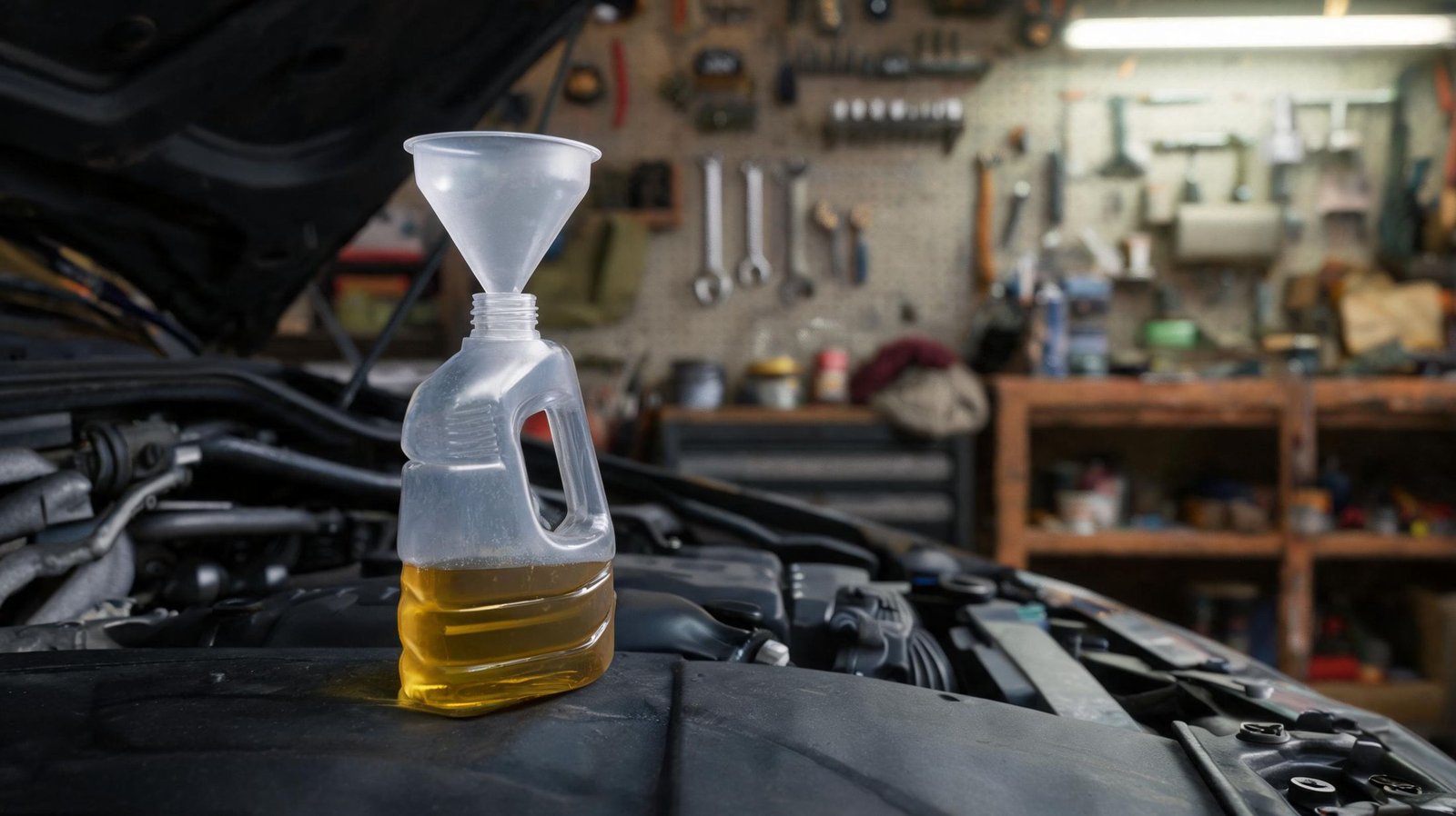 Part used one quart oil bottle and funnel on an engine cover showing regular top ups
