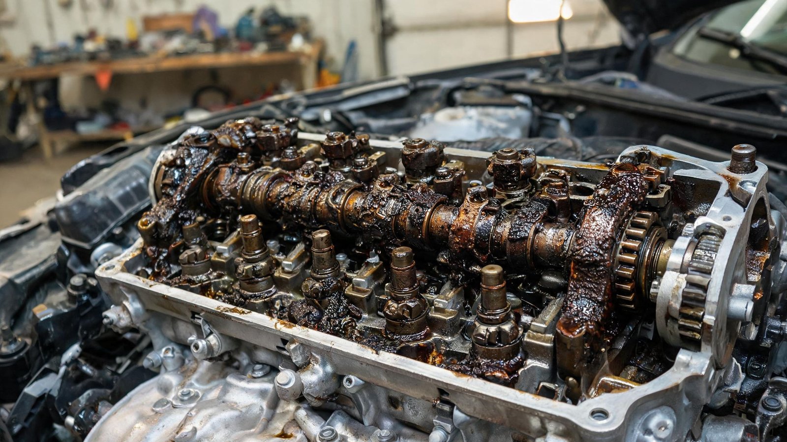 Valve cover removed from an engine showing sludge and varnish on the camshaft area