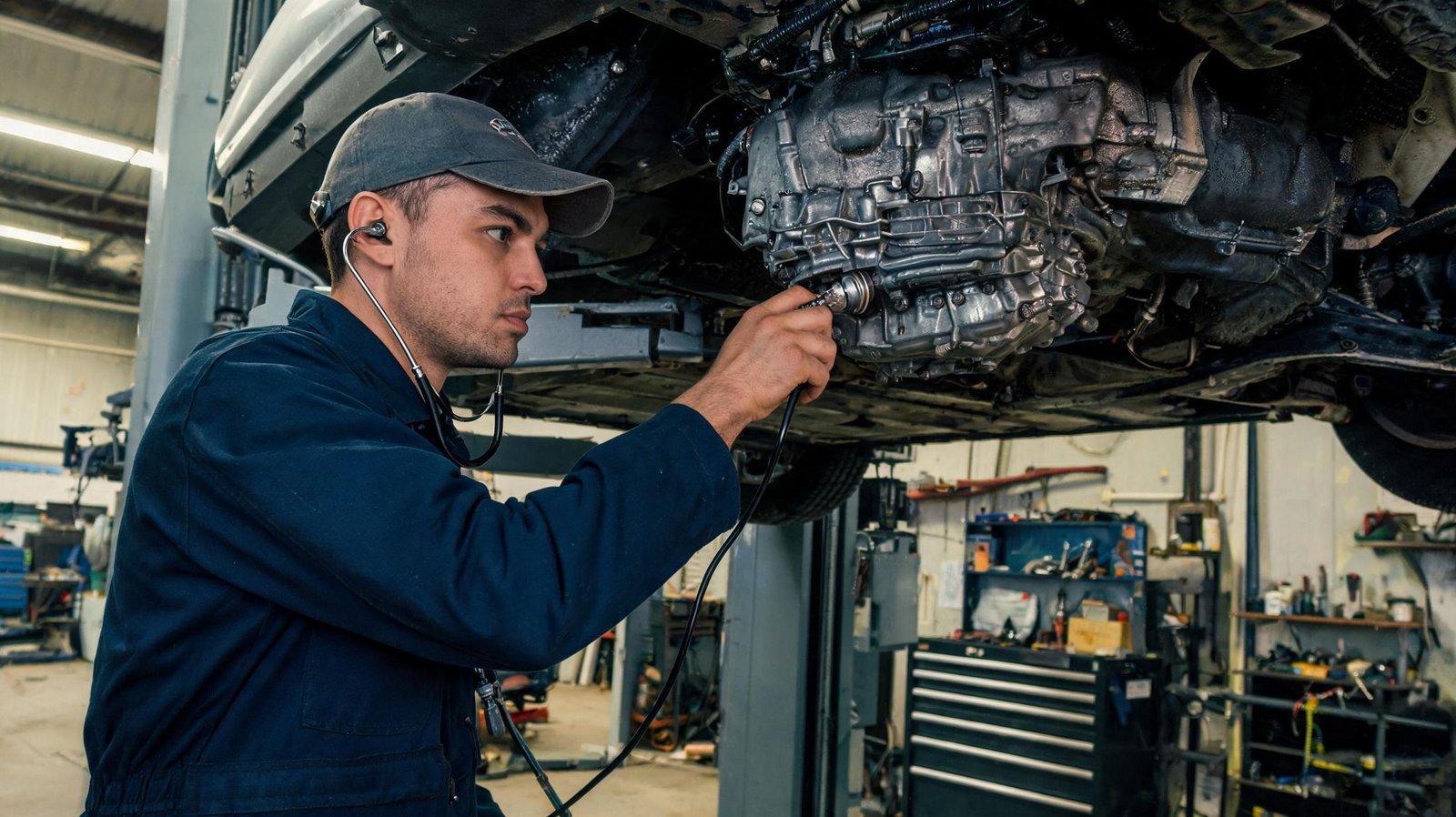 Technician in a navy work jacket using an electronic stethoscope to pinpoint an engine noise under a vehicle raised on a lift