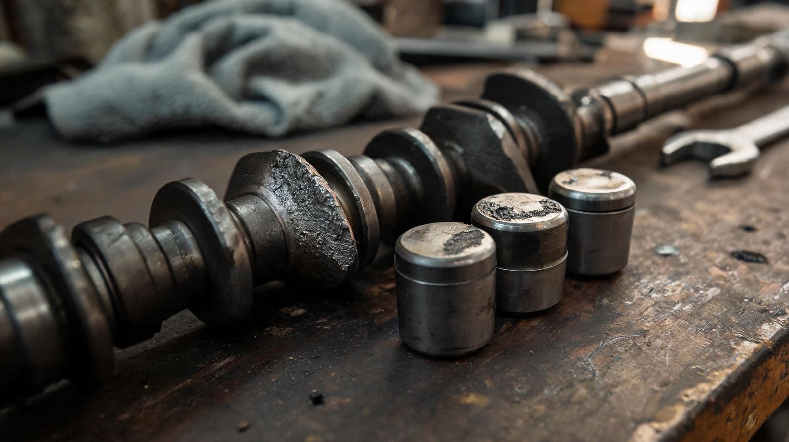 Worn camshaft with scored lobes lying beside three hydraulic lifters on a workshop bench