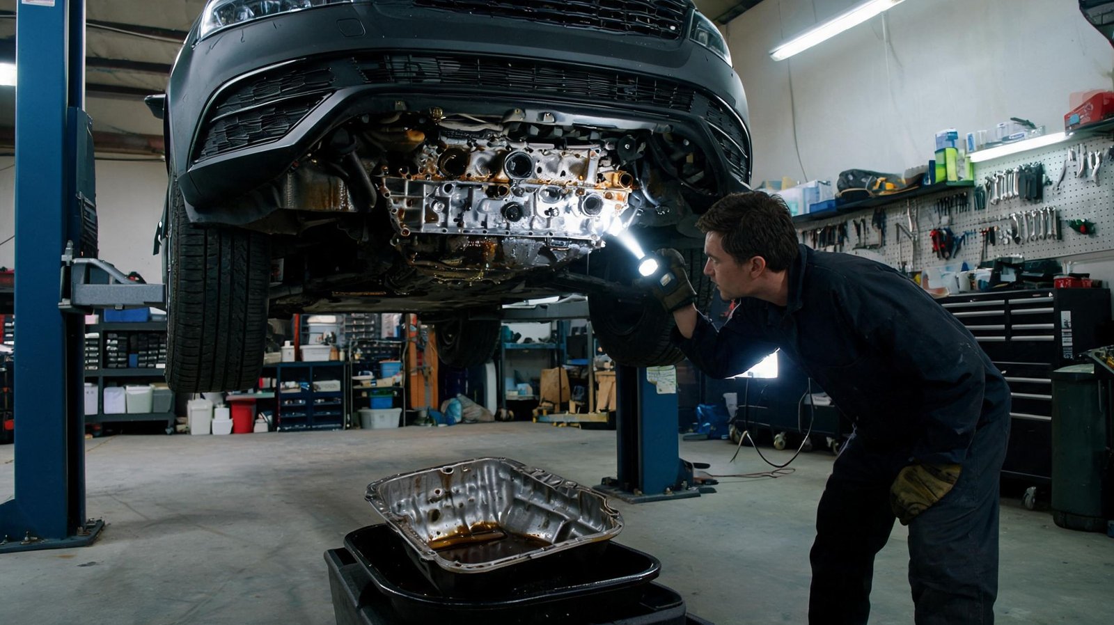 Technician with a headlamp inspecting the exposed engine bottom end with a flashlight after removing the oil pan on a lifted vehicle