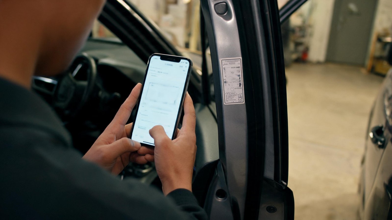 Over-the-shoulder view of a person's hands holding a smartphone up to the VIN compliance sticker on a car's door jamb, phone screen showing a softly blurred vehicle data page, open driver door framing the scene