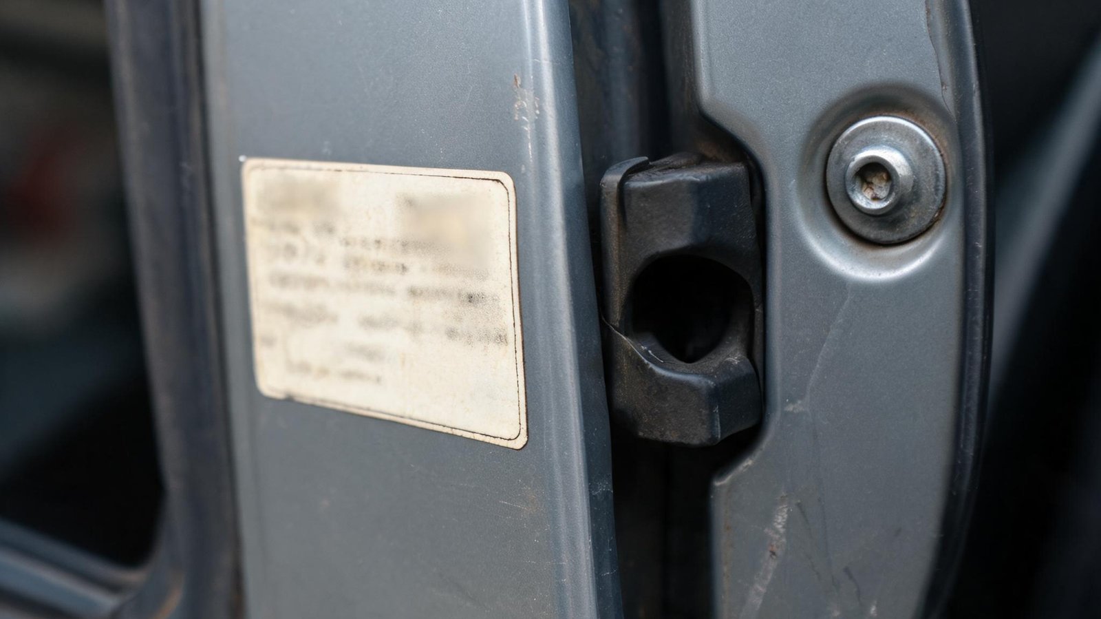 Close-up of a car's driver-side door jamb showing the rectangular compliance label sticker with softly blurred characters, door latch and seatbelt anchor visible, painted metal surface with subtle wear