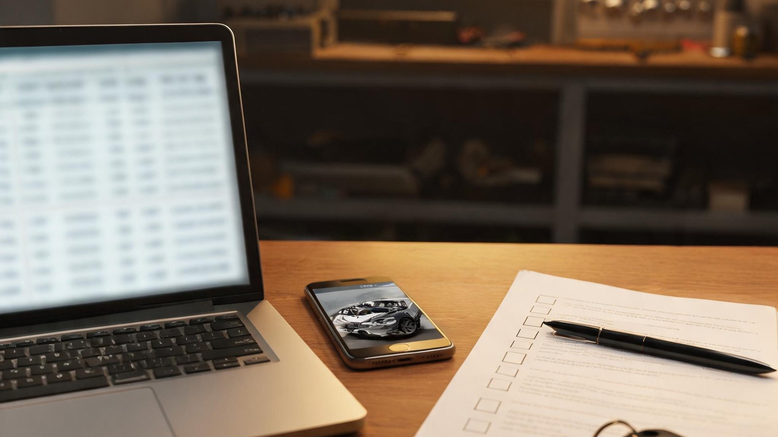 Desk with an open laptop showing a softly blurred data table, a smartphone beside it displaying a blurred photo of an engine, a printed checklist with empty checkbox rows and a pen, vehicle keys at the edge of the desk