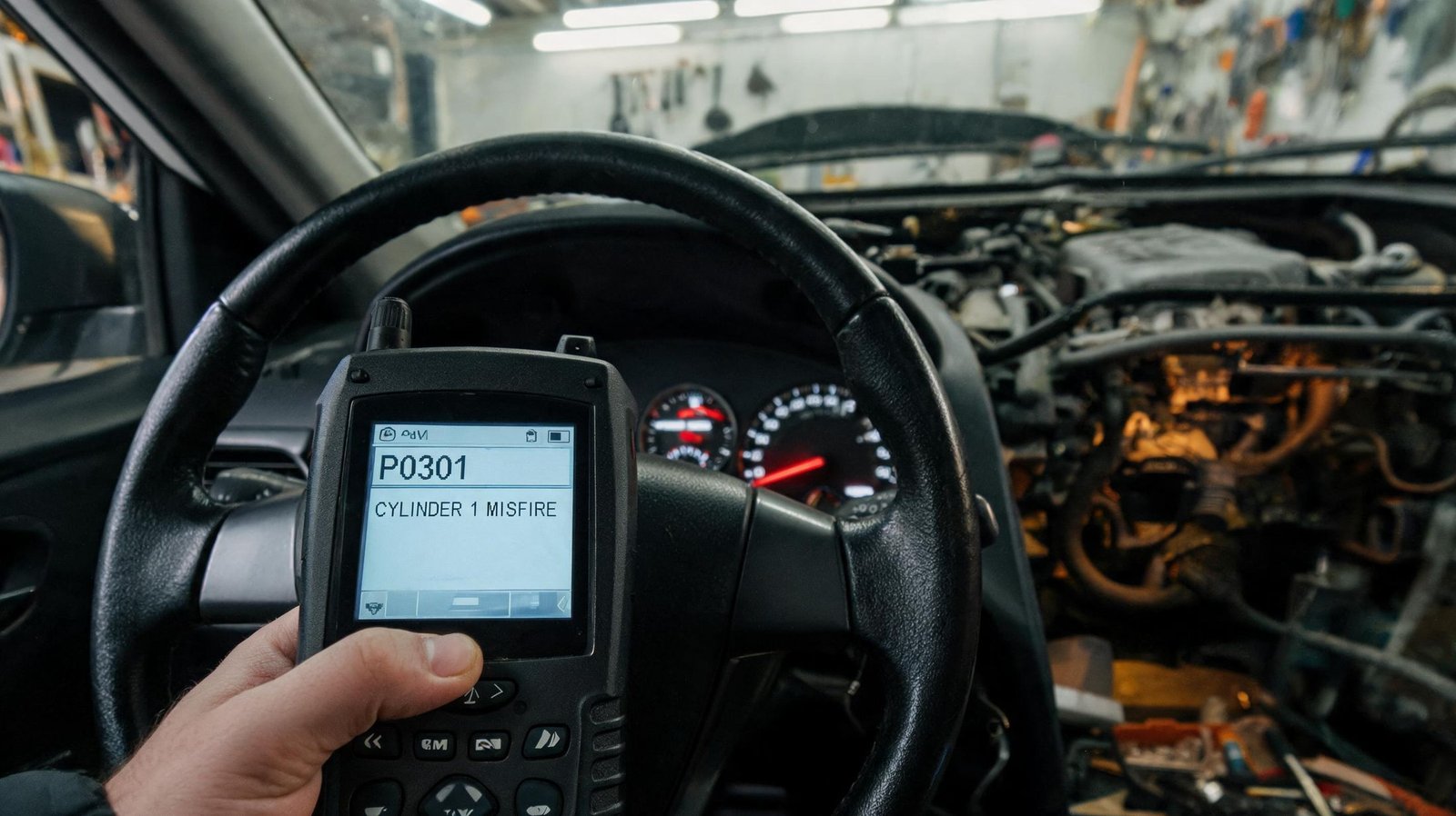 Scan tool displaying a P0301 cylinder 1 misfire code inside a running vehicle