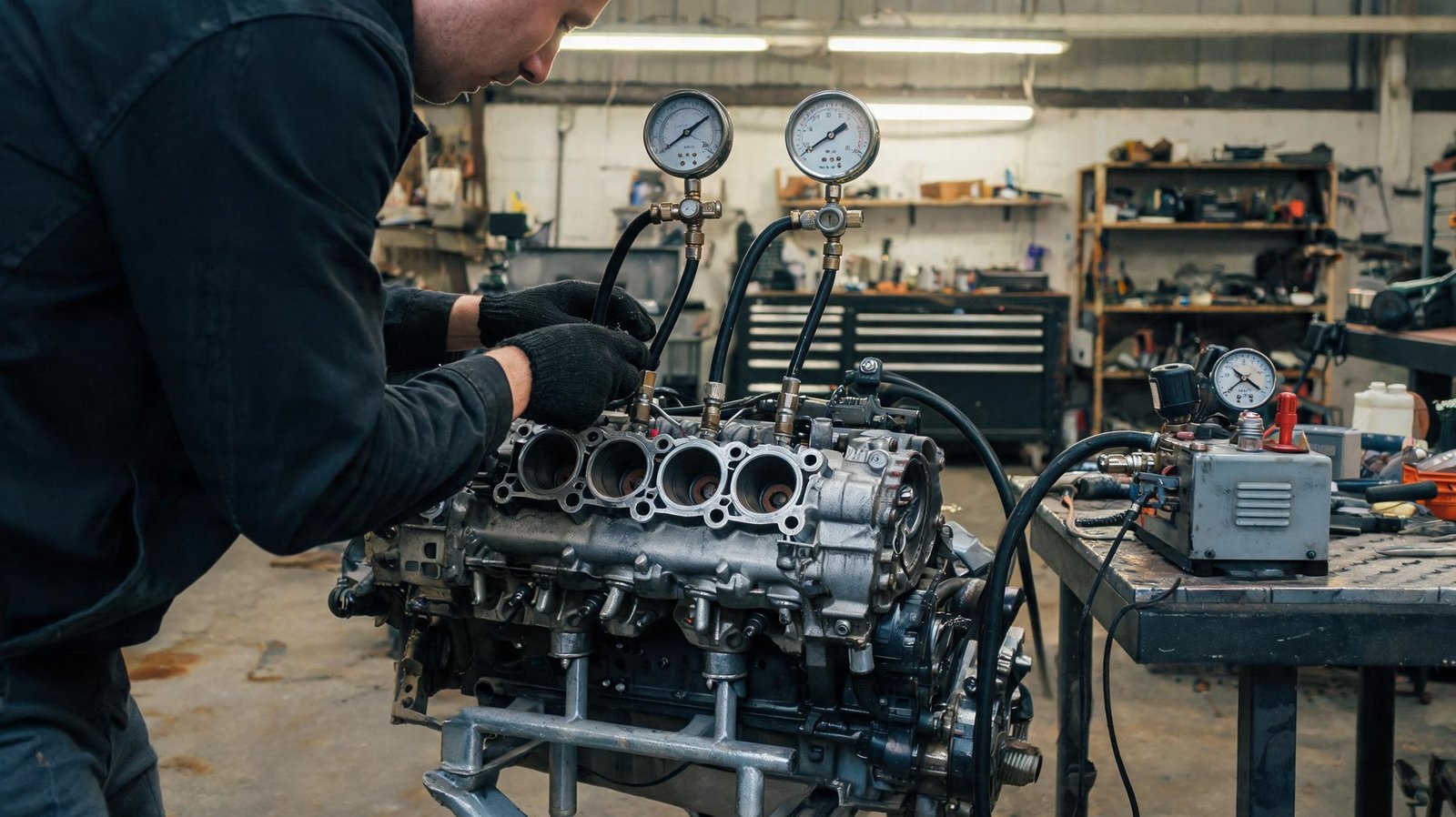 Technician running a cylinder leakage test to prove whether a P0301 misfire is mechanical