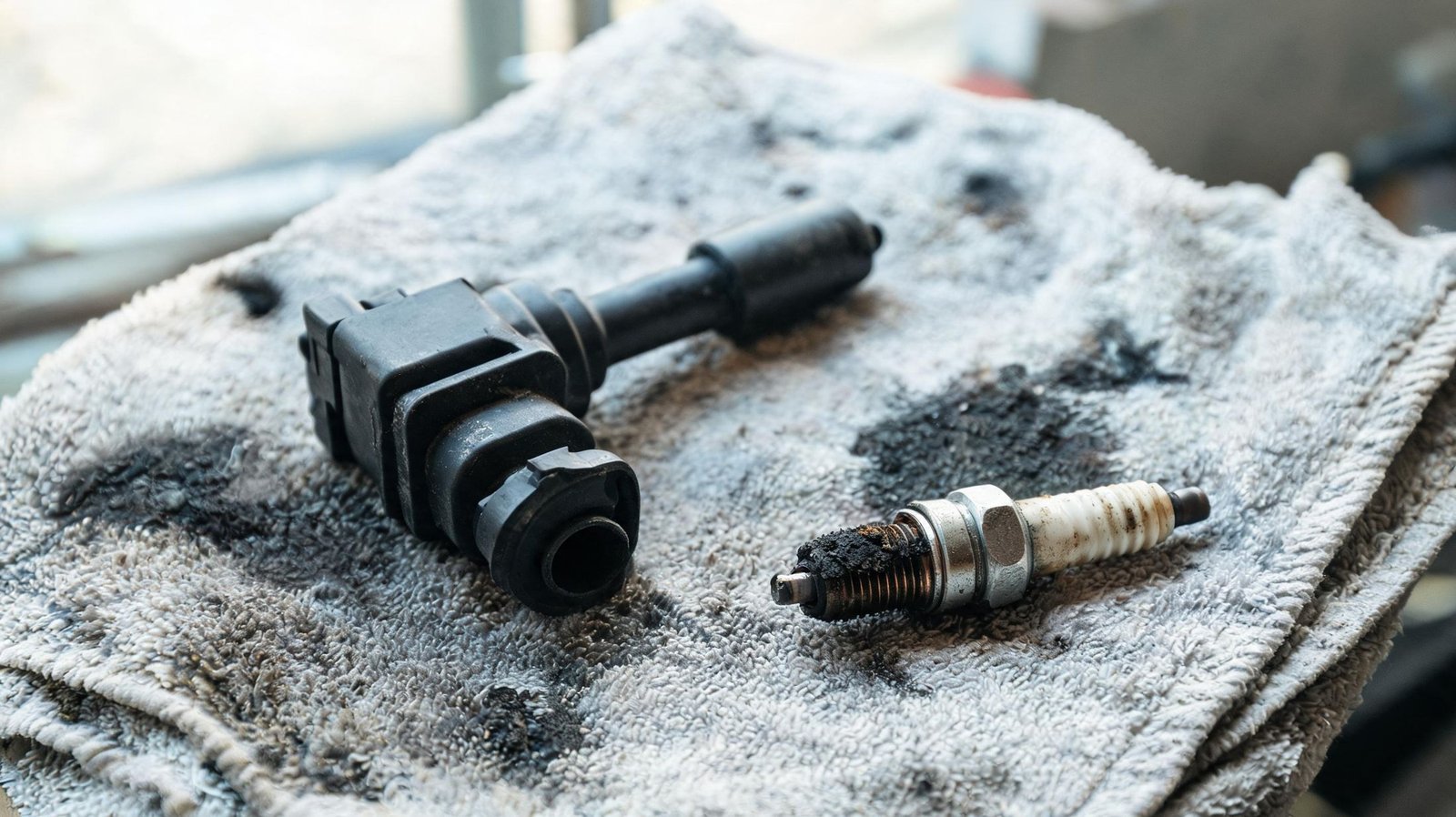 Failed ignition coil and carbon fouled spark plug removed from cylinder one after a P0301 misfire