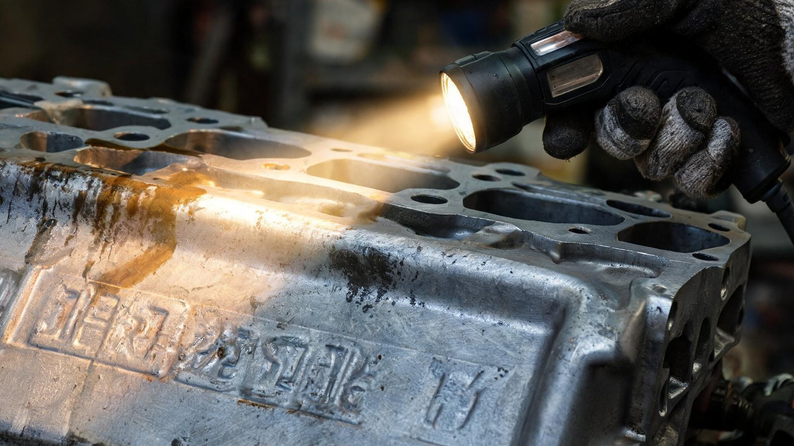Gloved technician's hand holding a small work light at a low angle so the beam rakes across the stamped engine code area on the machined face of an aluminum engine block, workshop shelves blurred behind