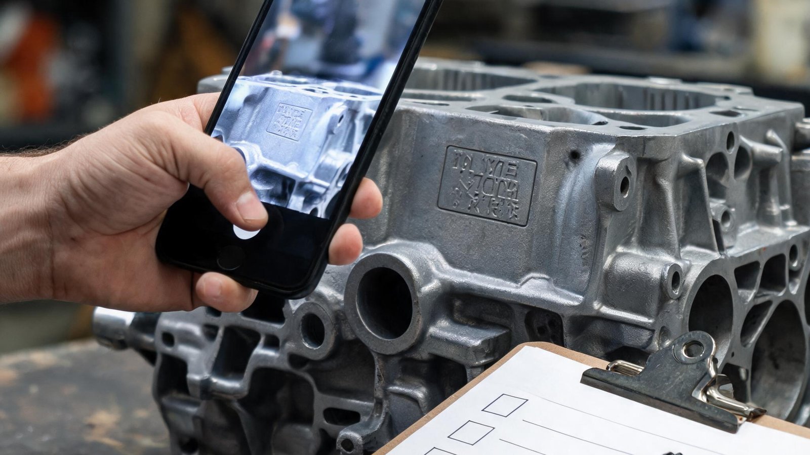 Smartphone held over an engine block photographing the code stamping area, screen showing a blurred photo of the block surface, a clipboard with an empty checklist and pen on the workbench beside the engine stand