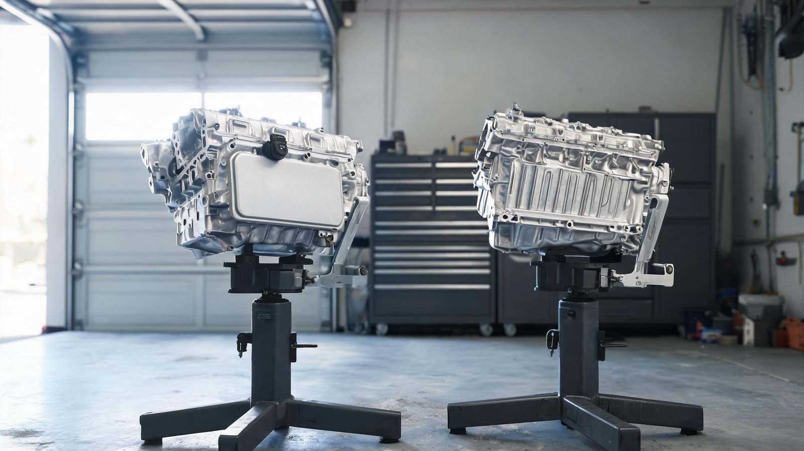 Two aluminum engine blocks mounted on steel engine stands side by side in a bright garage bay, subtly different front covers and mounts, tool chest blurred in the background
