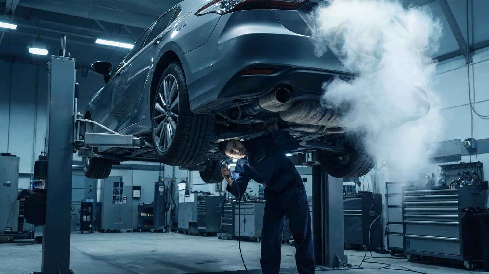 Car on a lift with thick white steam rising from the exhaust, a head gasket symptom