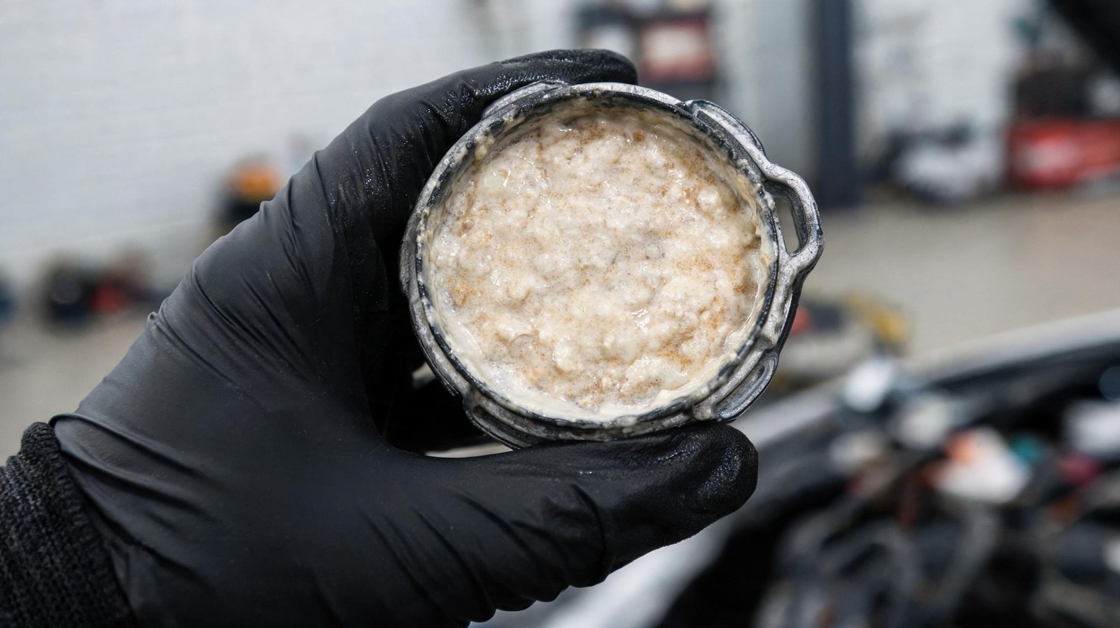 Milky emulsion on an oil filler cap showing coolant contamination of the engine oil