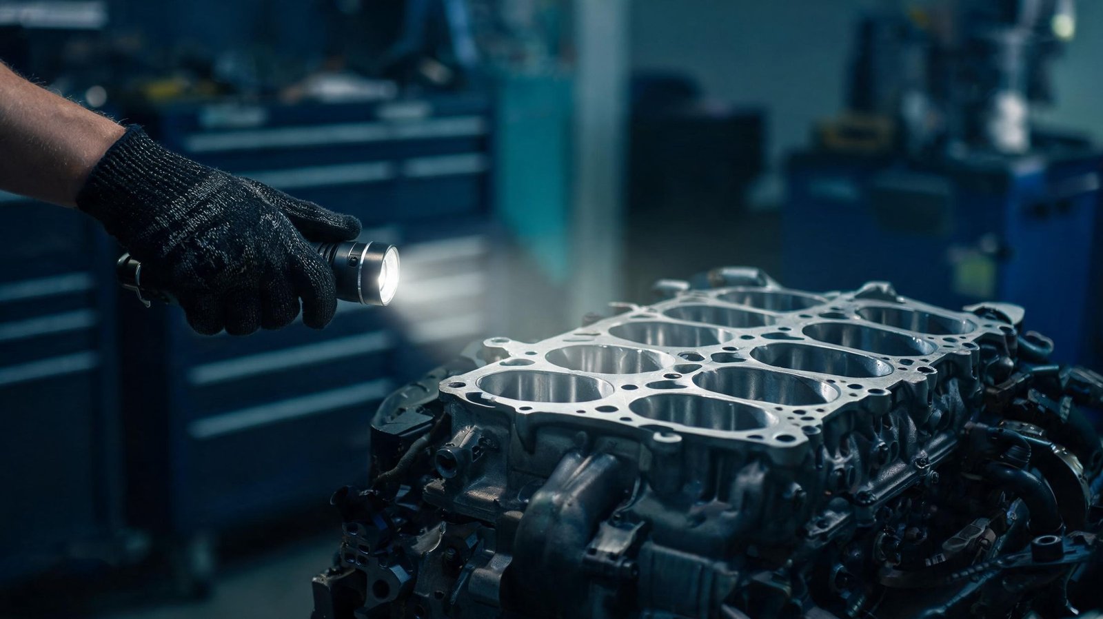 Technician inspecting a V6 engine block while diagnosing an engine knock