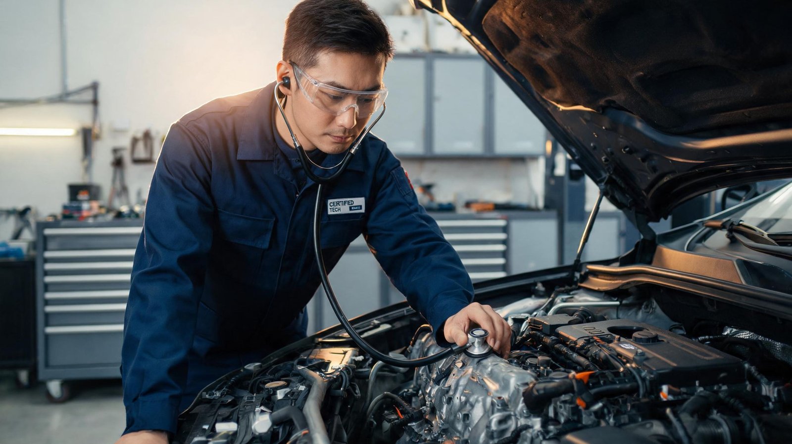 Mechanic using a stethoscope to locate an engine knock on a running block