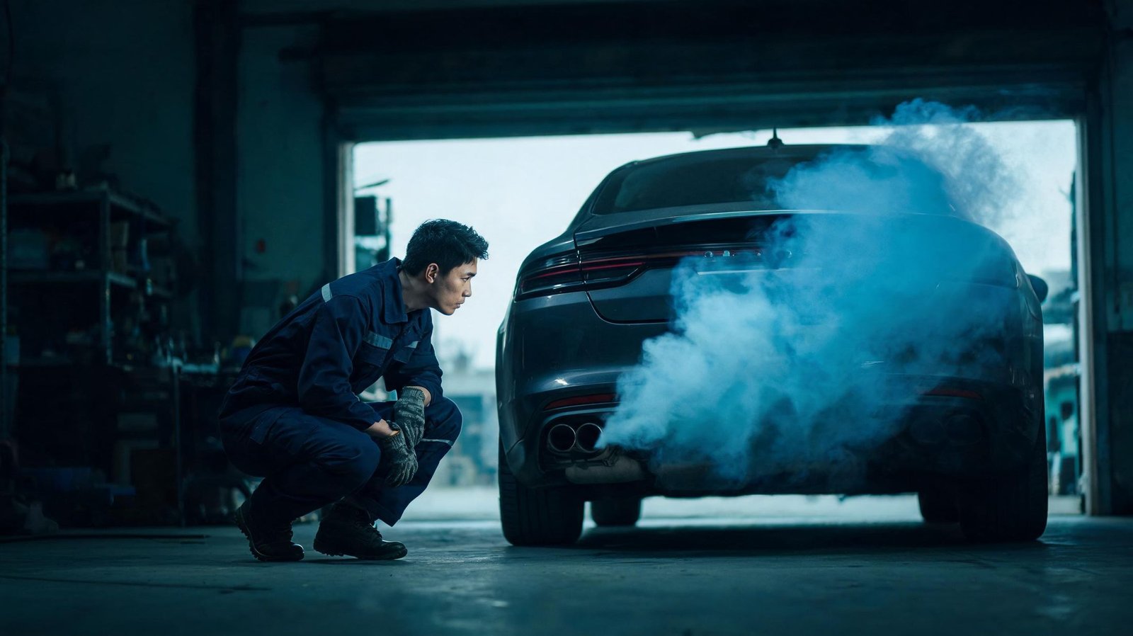 Technician watching a blue smoke plume from a car exhaust during an oil-burn diagnosis
