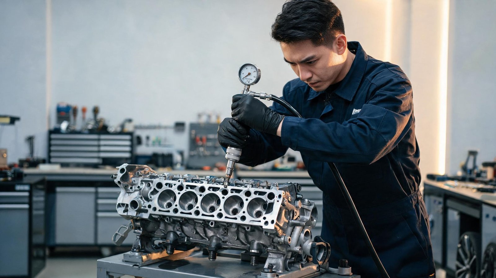 Mechanic carrying out a compression test to separate valve-seal wear from piston-ring wear
