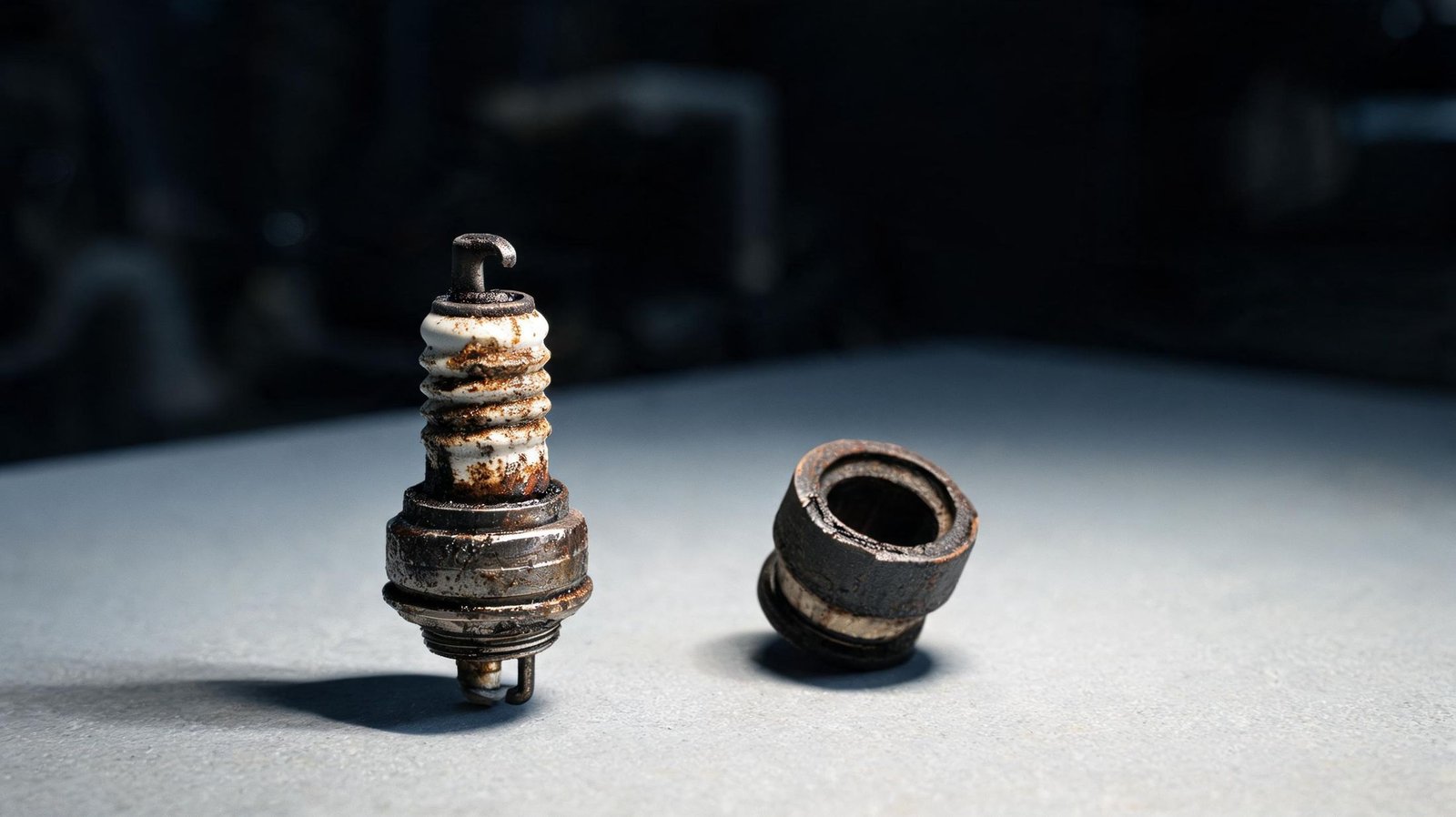 Oil fouled spark plug next to a worn valve stem seal, the cause of blue exhaust smoke