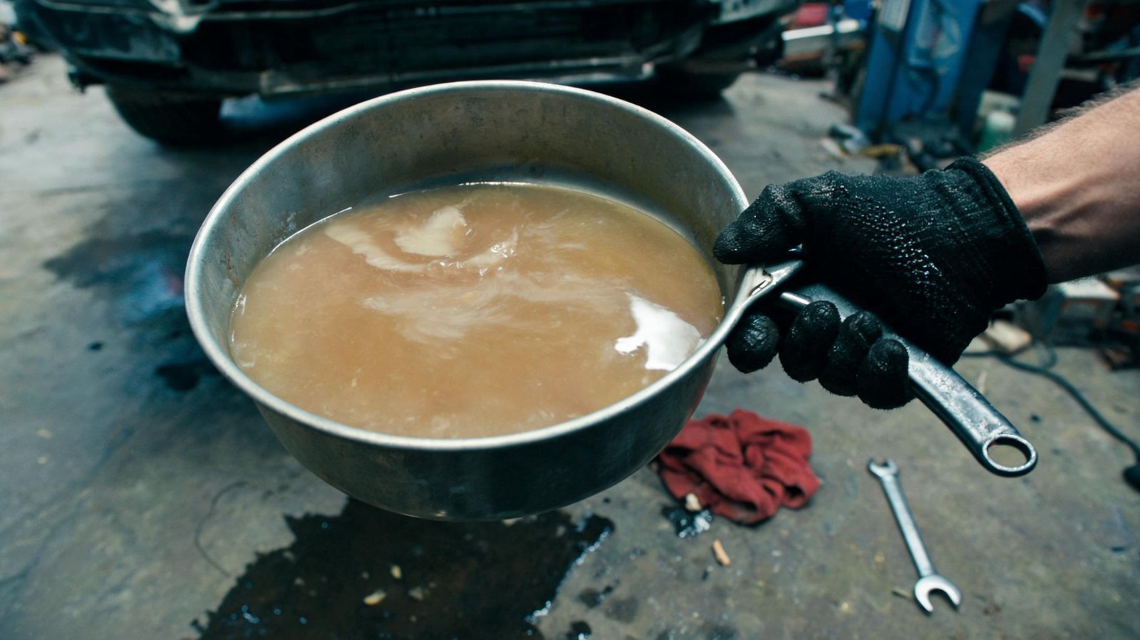 Drain pan holding milky tan emulsified engine oil drained after coolant contamination