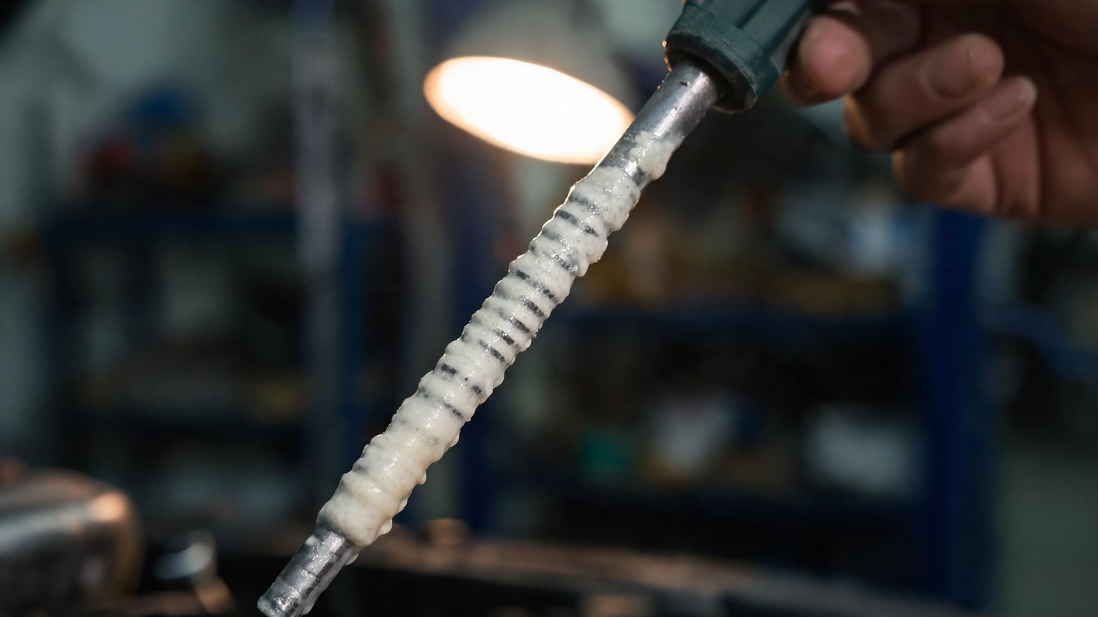 Engine dipstick coated in milky emulsified oil showing coolant contamination