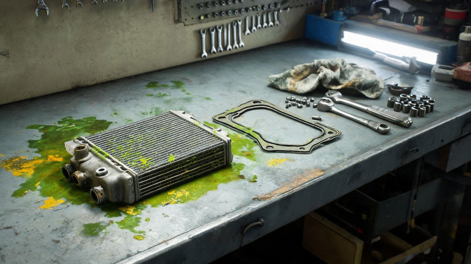 Engine oil cooler and failed gasket removed on a bench with coolant staining visible